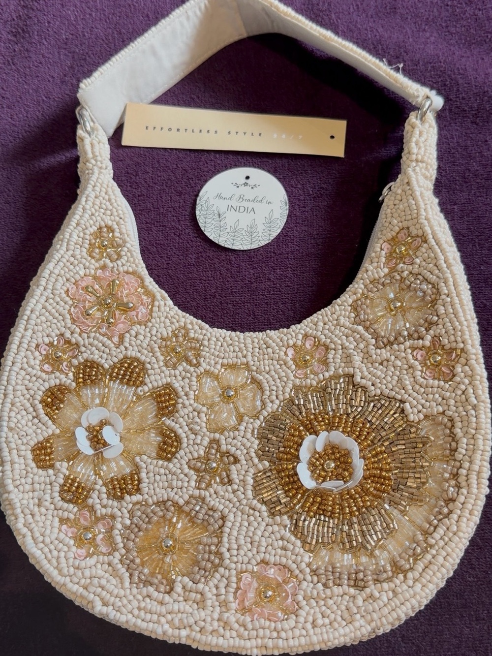 Handmade Beaded Floral Shoulder Bag — Cream